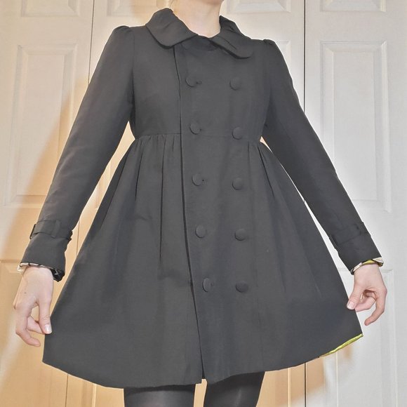 Black babydoll / empire cinched pleated pea coat dress / puffy / pleated collar